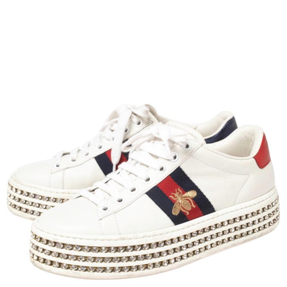 GUCCI White Leather And Bee Web Detail New Ace Crystal Embellished Platform